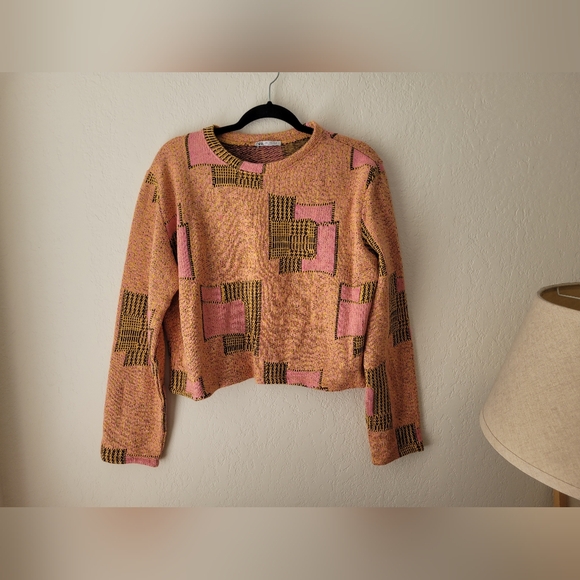 Zara Jacquard Geometric Cropped Sweater Orange Pink | size L - Picture 6 of 9